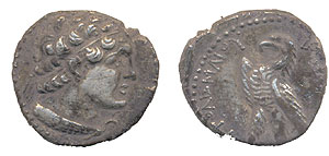 A silver didrachm coin dating to the reign of Ptolemy IV