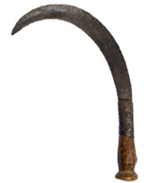a sickle with a wooden handle and a serrated blade