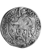 Dutch "Leeuwendaalder" minted in the Province of Overijssel, 1591. The obverse depicts a knight in armor, with the provincial arms on shield.