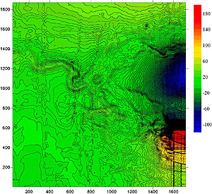 Figure 6. Contour map of all survey area. Color scale is in nT and grid is in meters