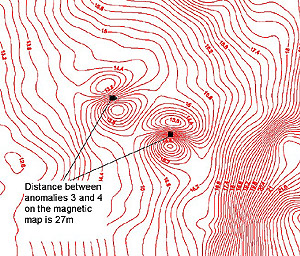 Figure 9. Anomalies 3 and 4 on contour map. The distance on the map is 27 m